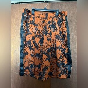 Women's Orange Tropical Print Flat-Front Shorts with Black Trim